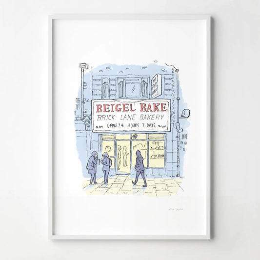 Framed print of an illustration of Beigel bake brick lane bakery London