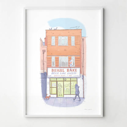 Framed print of an illustration of Beigel bake brick lane bakery London