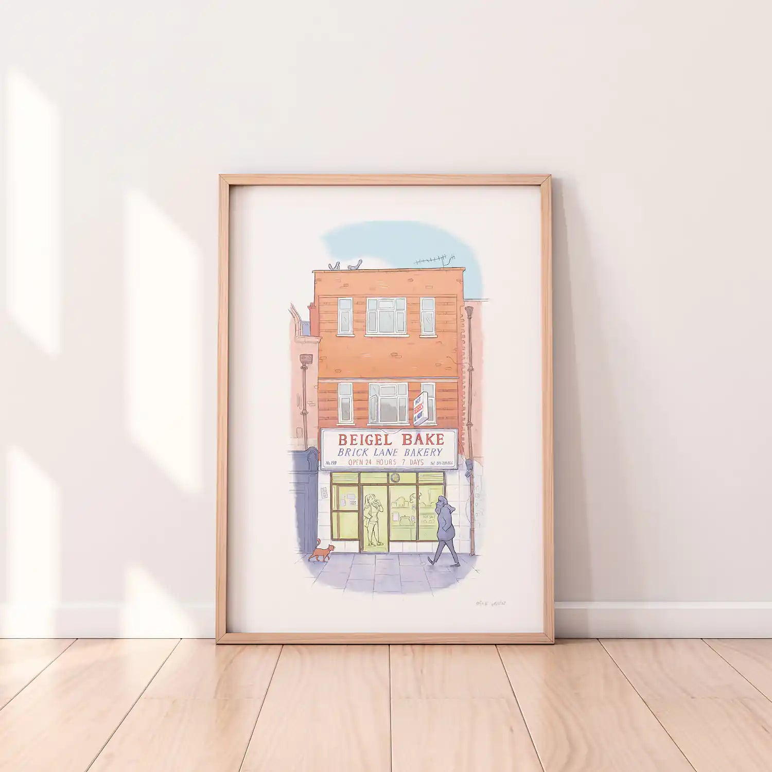 Framed print of an illustration of Beigel bake brick lane bakery London