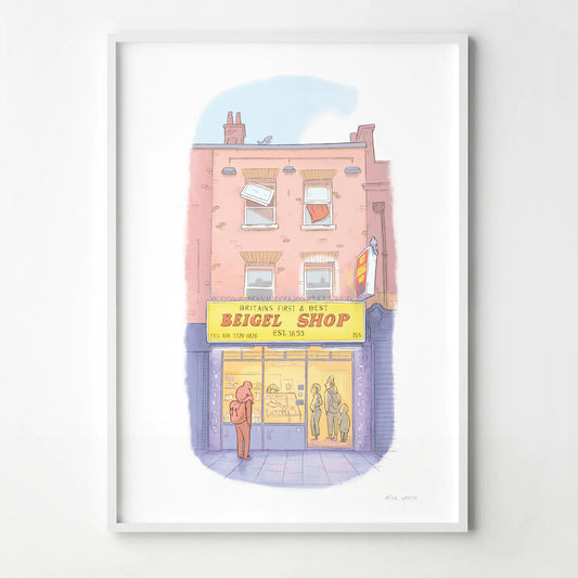 Framed print of an illustration of Beigel shop London