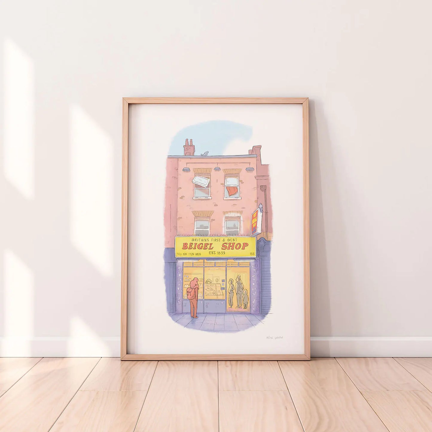 Framed print of an illustration of Beigel shop London