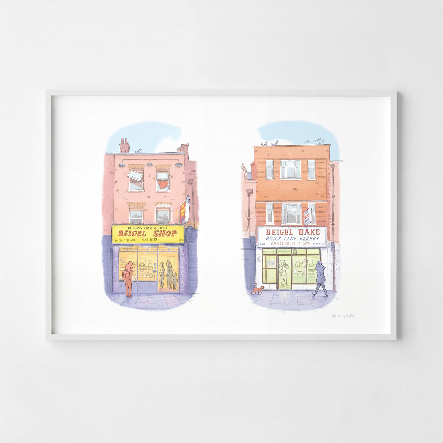 Framed print of an illustration of Beigel shops on Brick Lane London