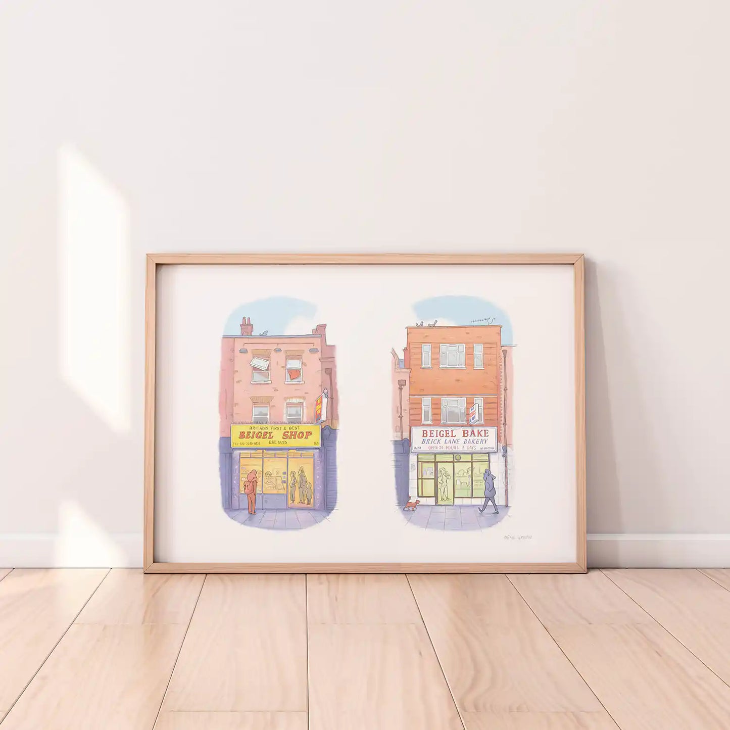 Framed print of an illustration of Beigel shops on Brick Lane London