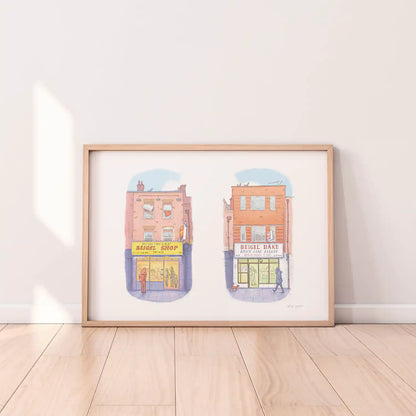 Framed print of an illustration of Beigel shops on Brick Lane London