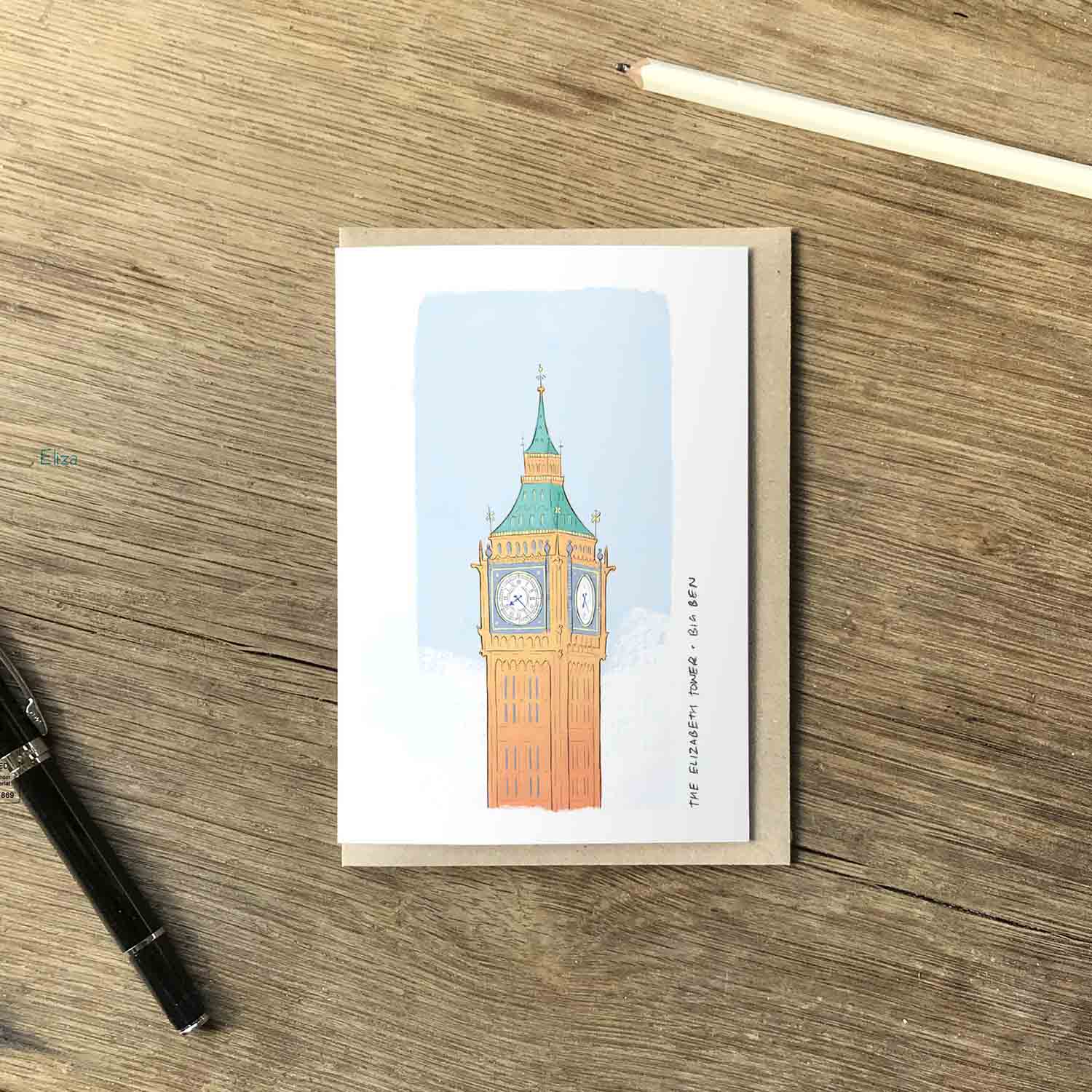 Londons big ben beautifully illustrated on a greeting card from mike green illustration.