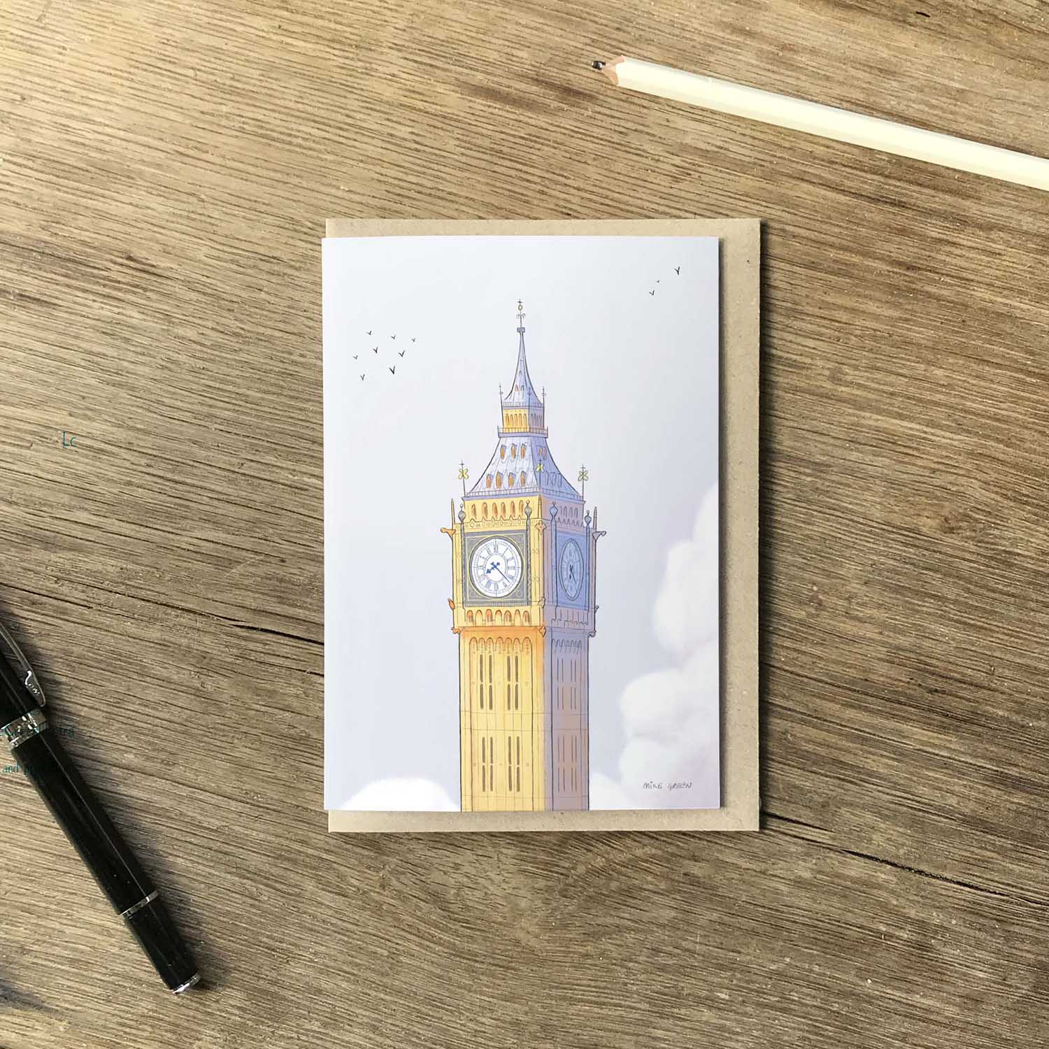 London's Big Ben beautifully illustrated on a greeting card by mike green illustration.