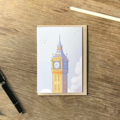 London's Big Ben beautifully illustrated on a greeting card by mike green illustration.