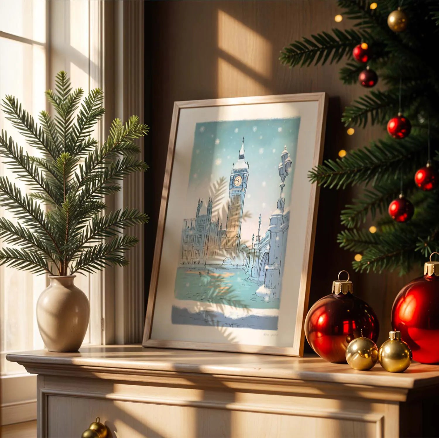 Westminster's big ben in the snow as a framed wall art print on a shelf with Christmas tree and decorations
