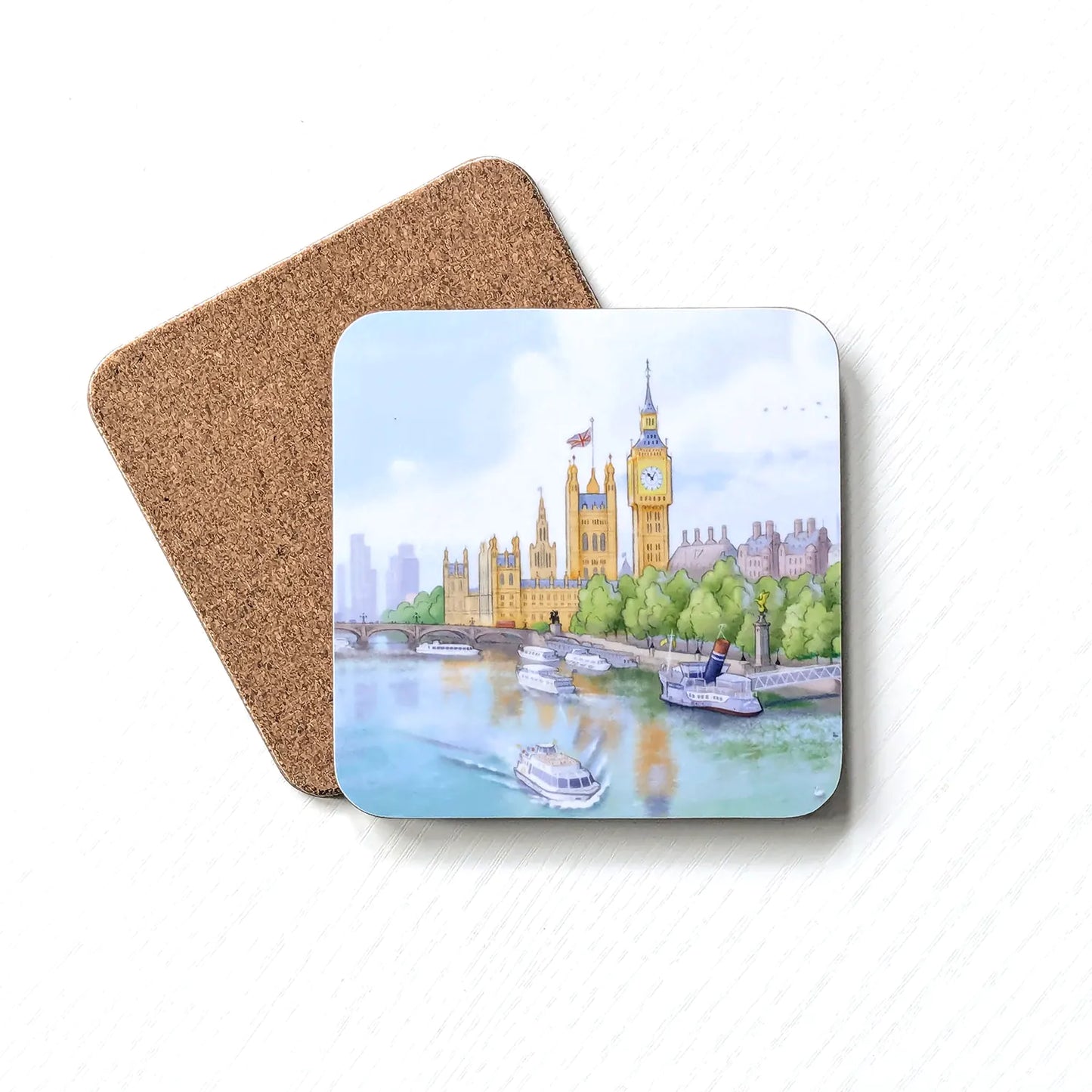Melamine and cork coaster with painting of London's Palace of Westminster and boats on the river Thames