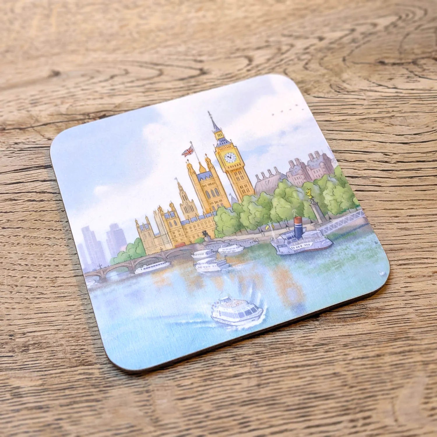 Coaster with a painting of London's Palace of Westminster, Big Ben and boats on the river Thames in London