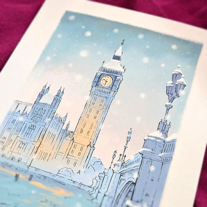 Wall art print London's big ben in the snow at Christmas time