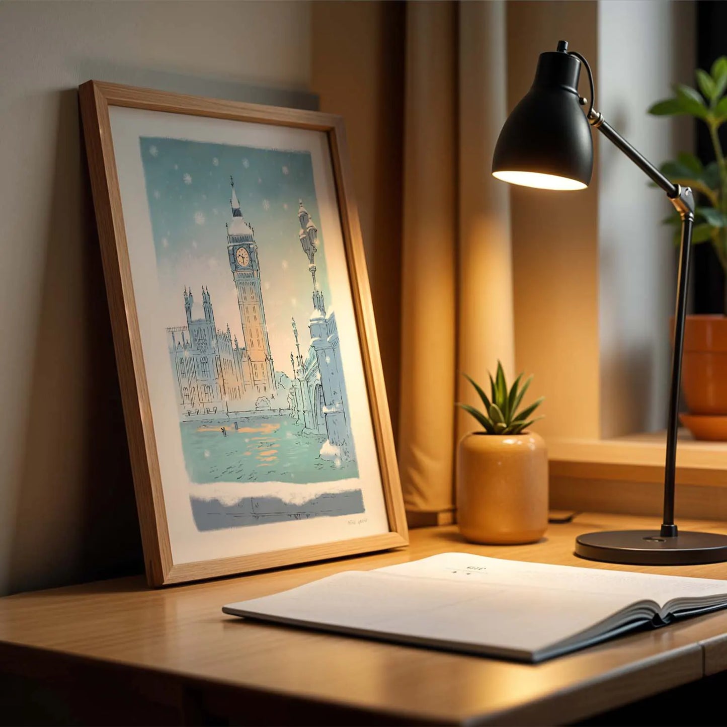 London's big ben in the snow painting framed wall art print with on a desk with a lamp and book
