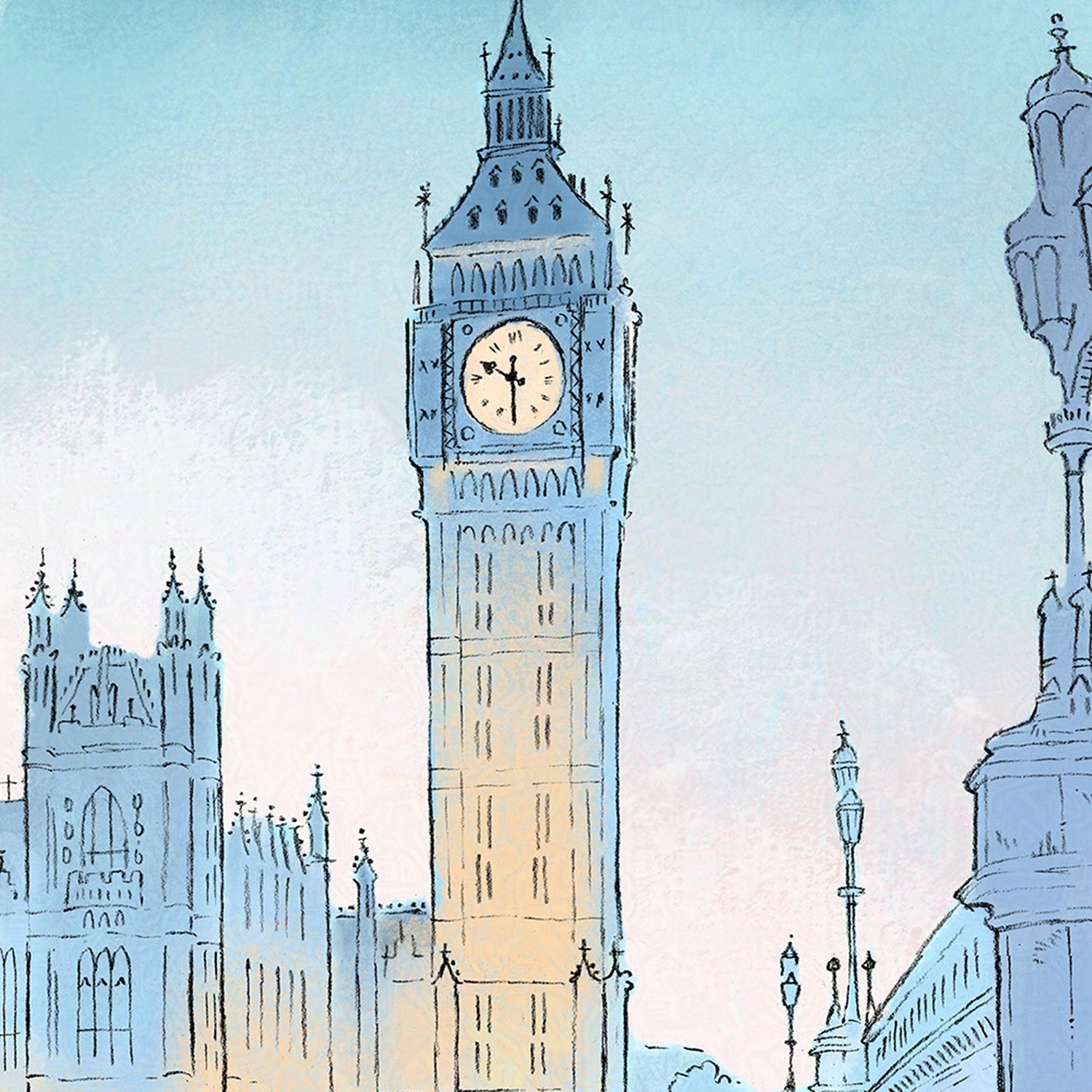 Detail of London's big ben in Westminster at night time from an art print