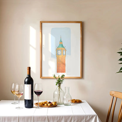 Framed art print of London's Big Ben, the Elizabeth Tower above a table with wine