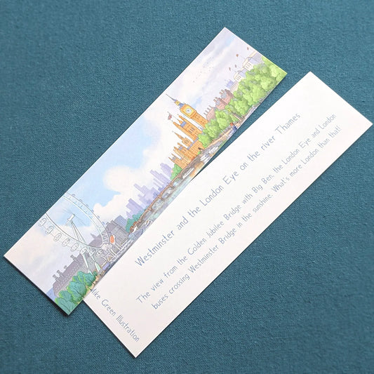 London bookmark front and back with a painting of Big Ben and the London Eye
