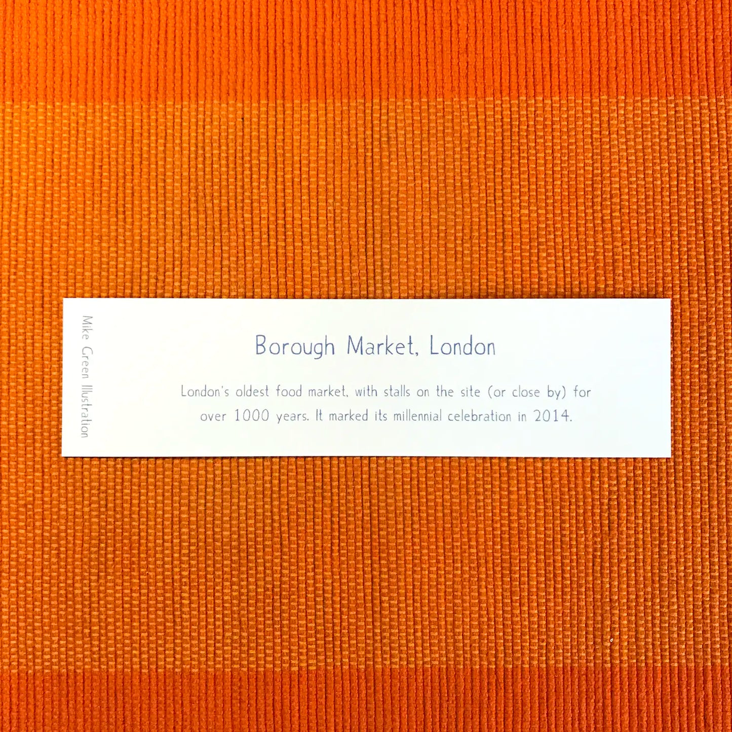 Back of bookmark with drawing of Borough Market in London by Mike Green Illustration