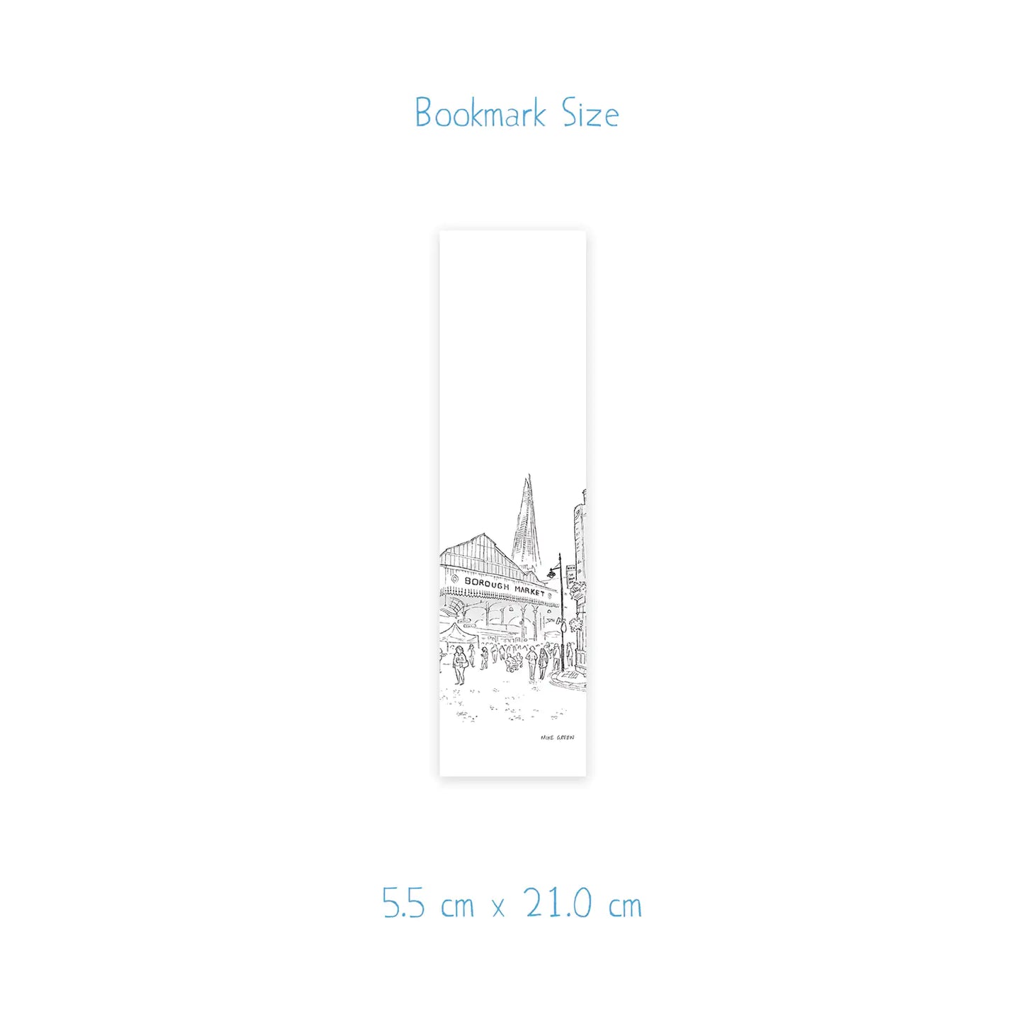 Dimensions of a bookmark with a drawing of Borough Market in London