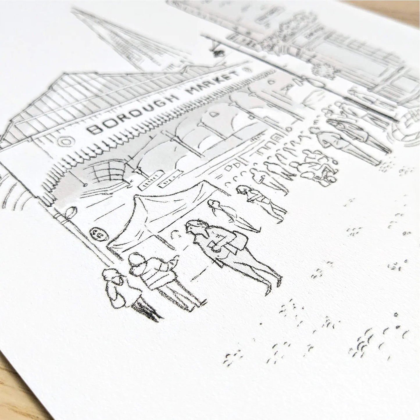 Close up of print of London's Borough Market beautifully sketched by Mike Green.