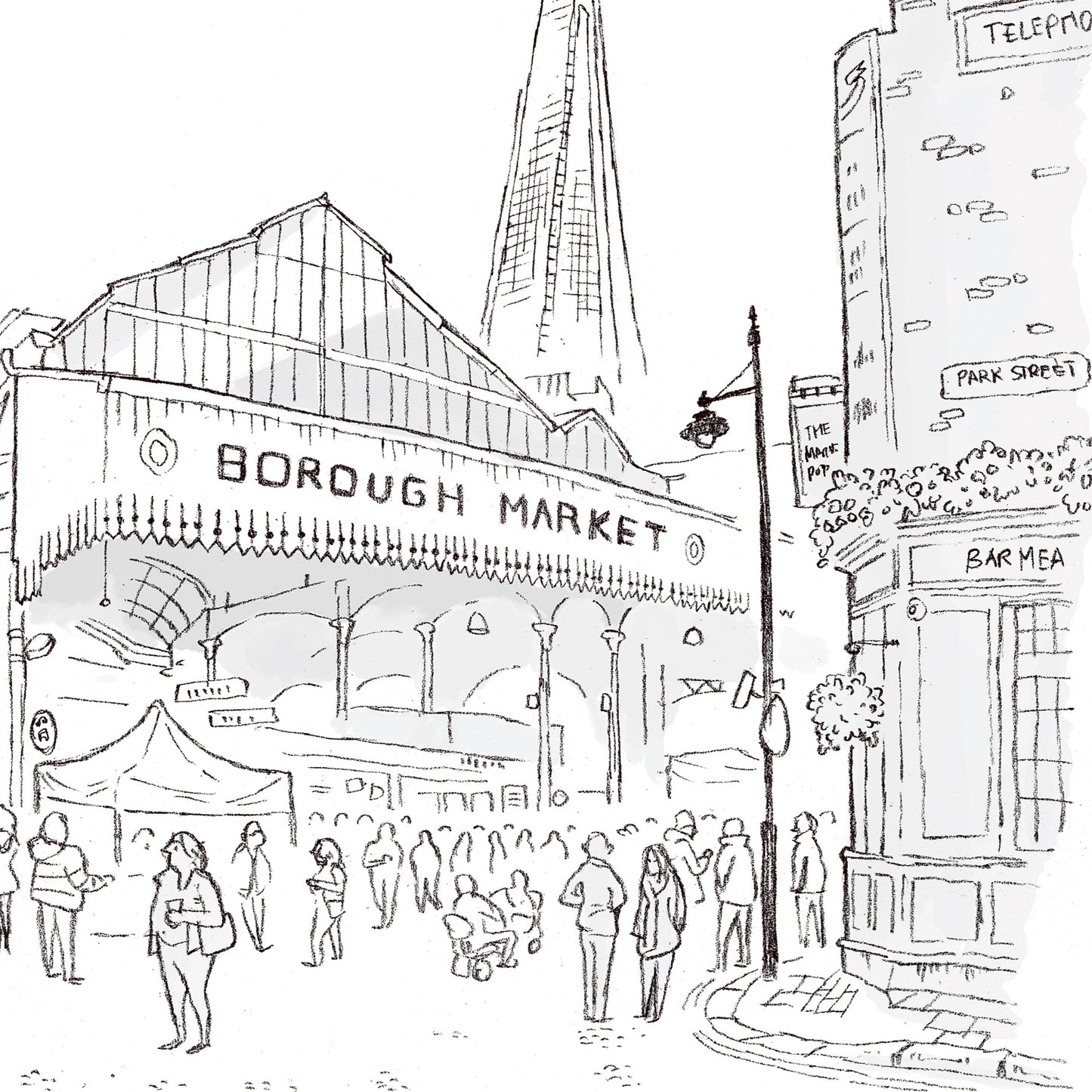 Close up of print of London's Borough Market beautifully sketched by Mike Green.