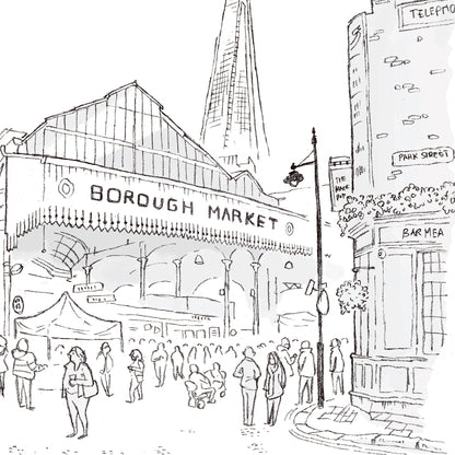 Close up of print of London's Borough Market beautifully sketched by Mike Green.