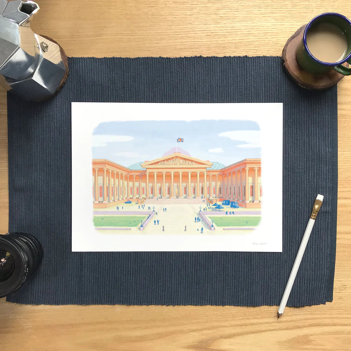 Signed wall art print of The British Museum in London's Bloomsbury with a coffee and pencil