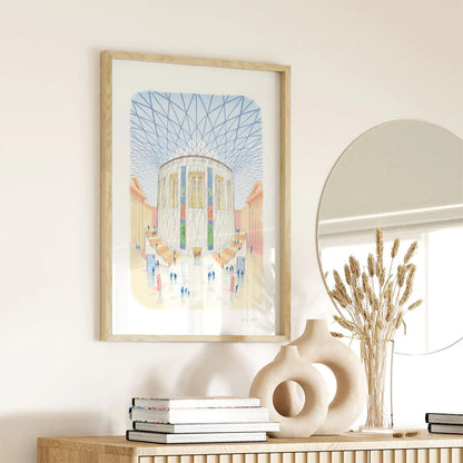 Framed wall art print of the British Museum great court in London in a hall way with a mirror
