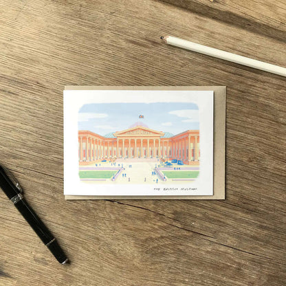 Greetings card of The British Museum in London with an envelope, pen and pencil
