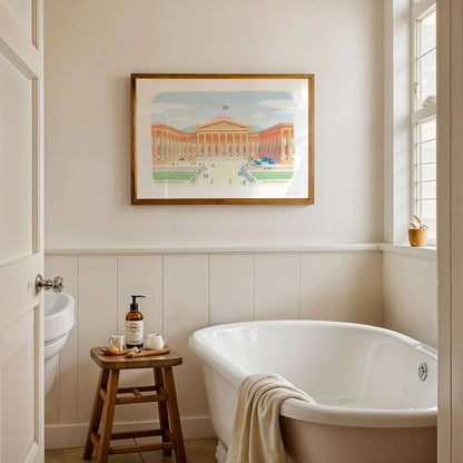 Framed wall art print of the British Museum in London hanging in a bathroom