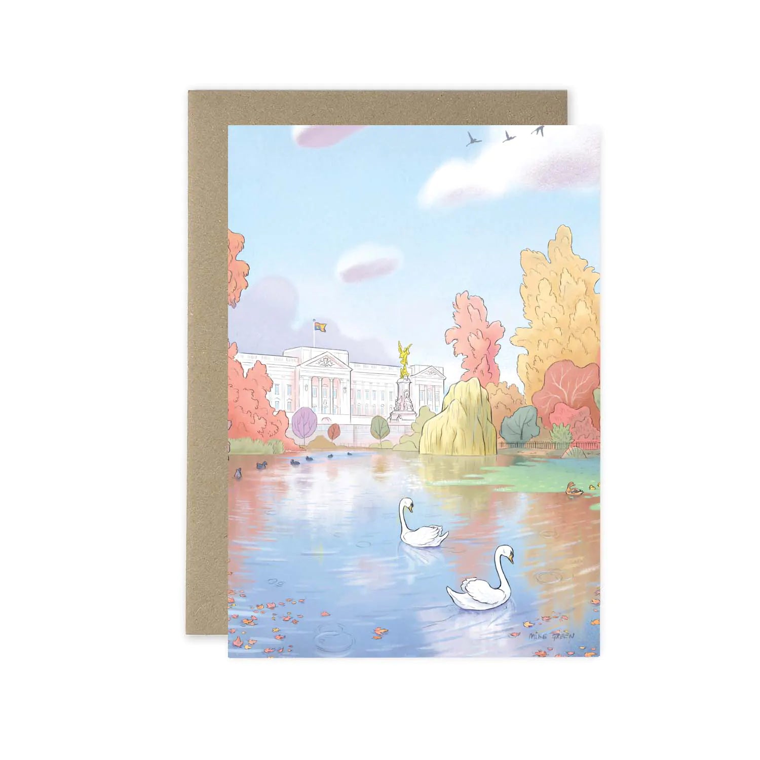 London's Buckingham Palace from St James Park with swans on the lake beautifully illustrated on a greeting card by mike green illustration.