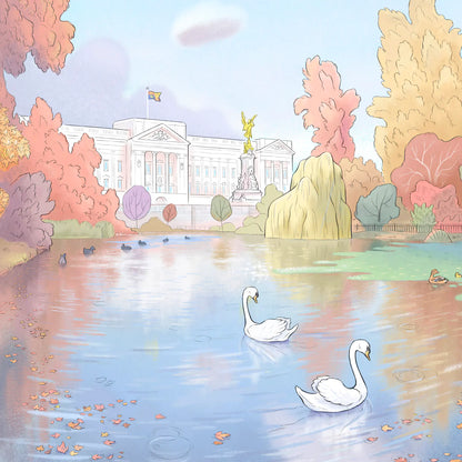 Detail of Buckingham Palace from St James Park painted by Mike Green Illustration