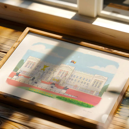 London's Buckingham Palace print in a frame in sunlight illustrated by Mike Green Illustration