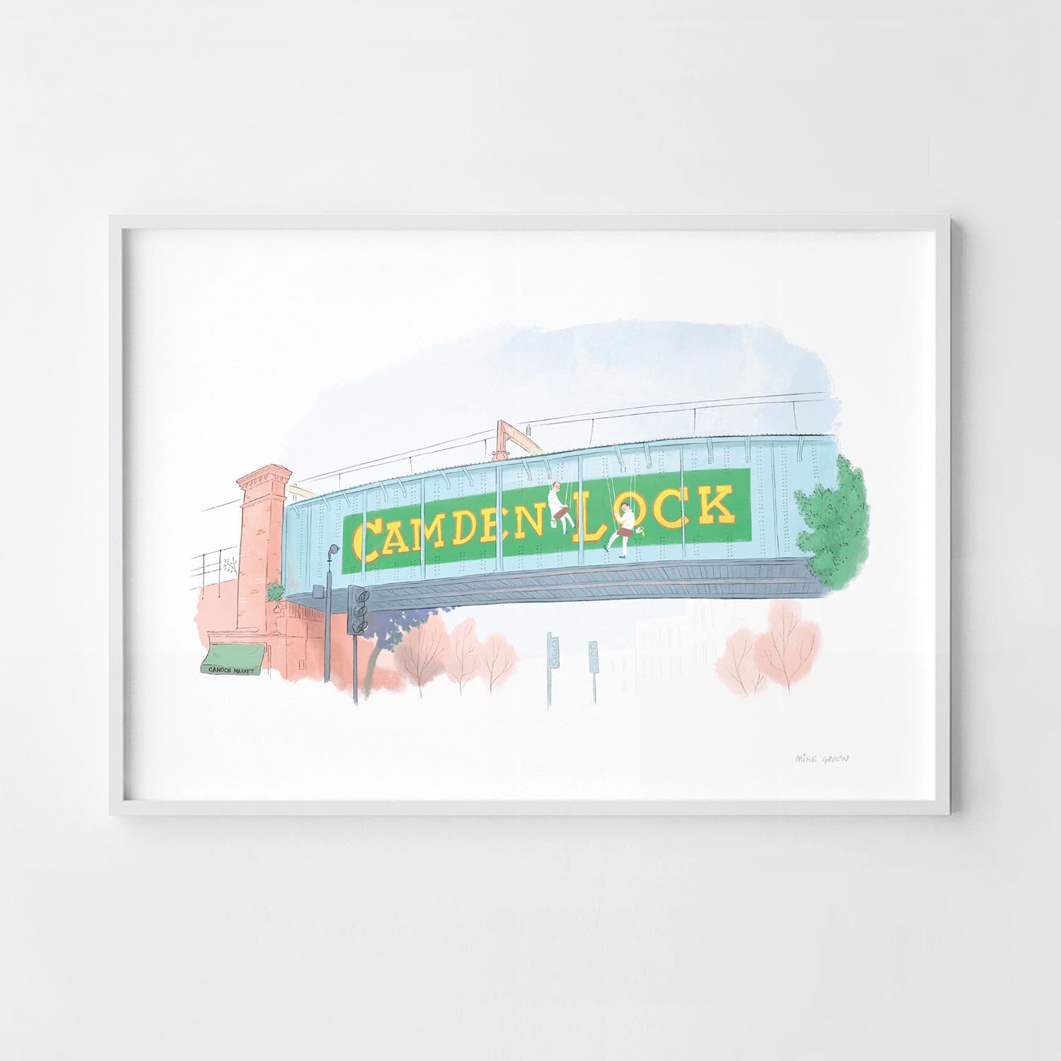 Framed print of Mike Green Illustration of Camden Lock Bridge in London