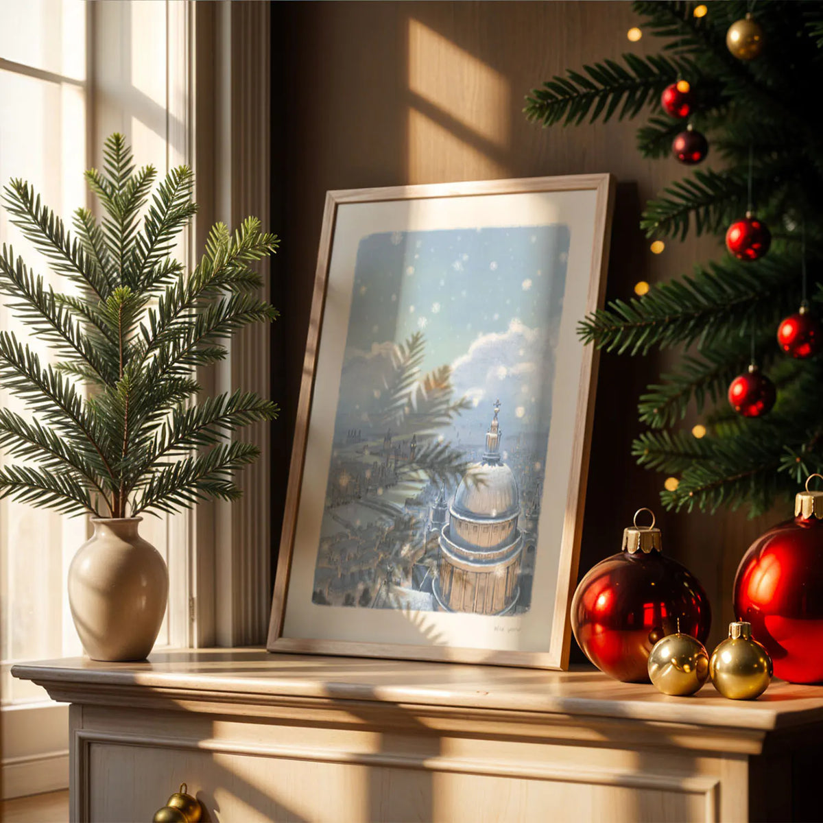 Framed wall art print of St Paul's Cathedral and London skyline in the evening with falling snow on a chest of drawers with Christmas decorations