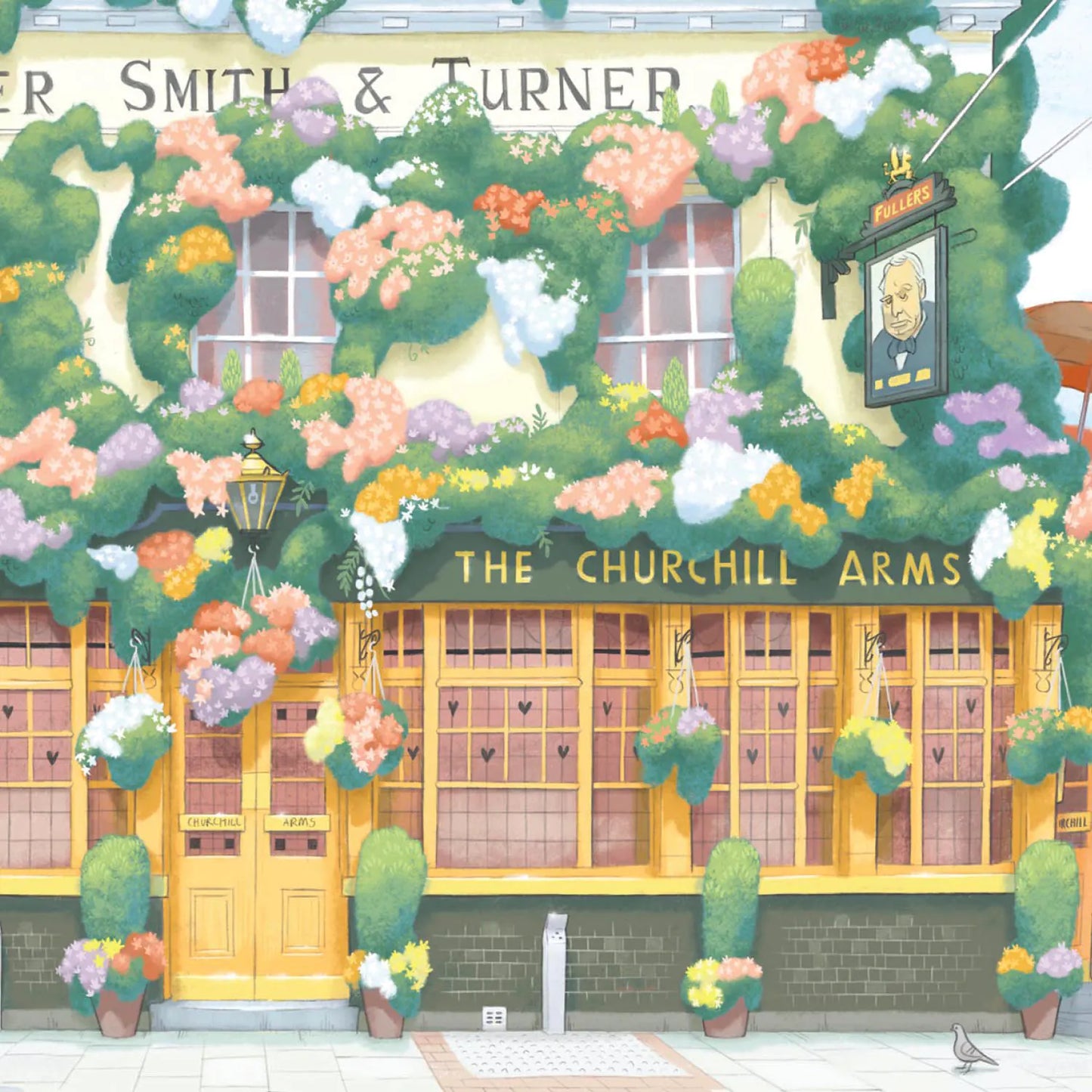 Detail from a wall art print of a painting of The Churchill Arms pub in Kensington London