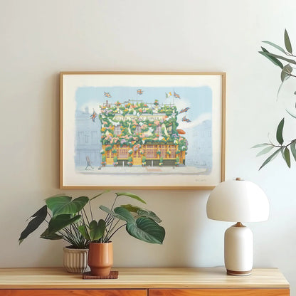 Wall art print of a painting of The Churchill Arms pub in Kensington London framed above plants