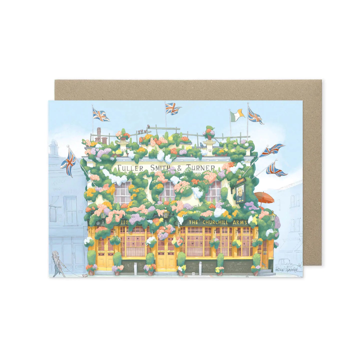 Greetings card of a painting of The Churchill Arms pub in west London's Kensington near Notting Hill.