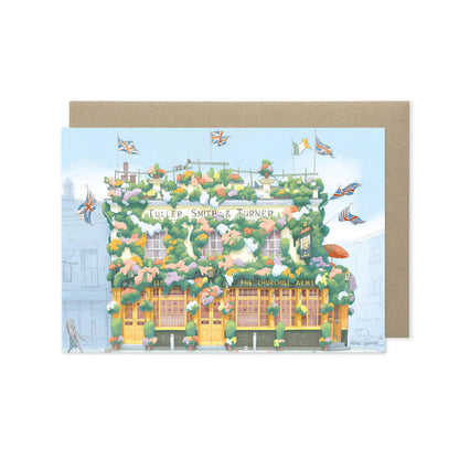 Greetings card of a painting of The Churchill Arms pub in west London's Kensington near Notting Hill.