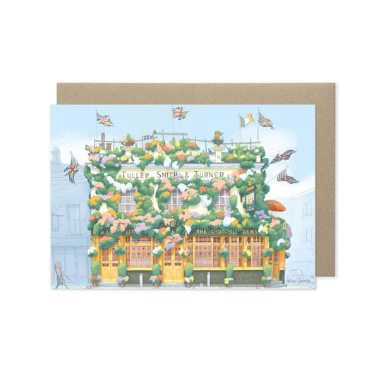 Greetings card of a painting of The Churchill Arms pub in west London's Kensington near Notting Hill.