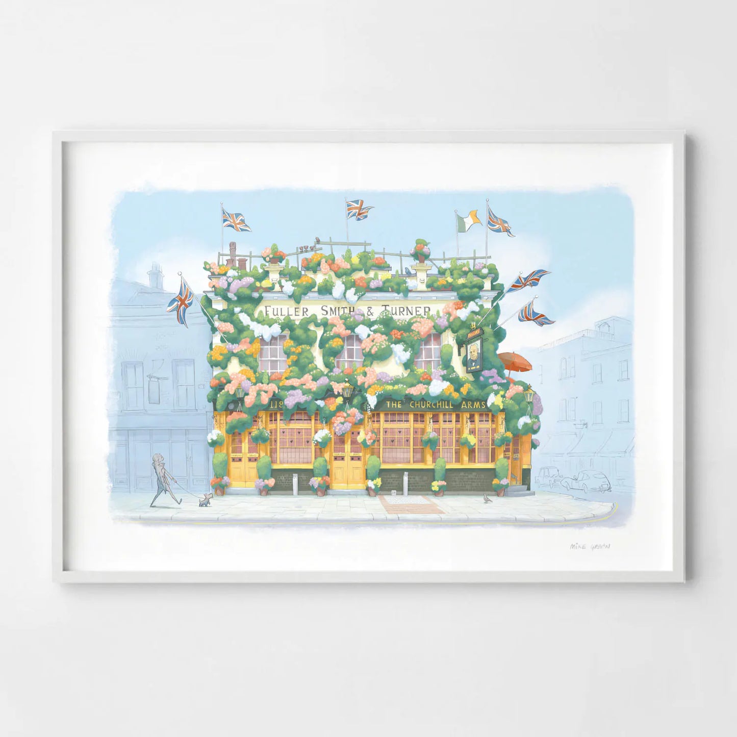 Framed wall art print of a painting of The Churchill Arms pub in Kensington London