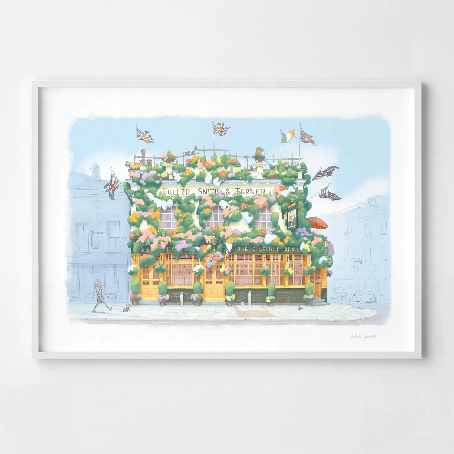 Framed wall art print of a painting of The Churchill Arms pub in Kensington London