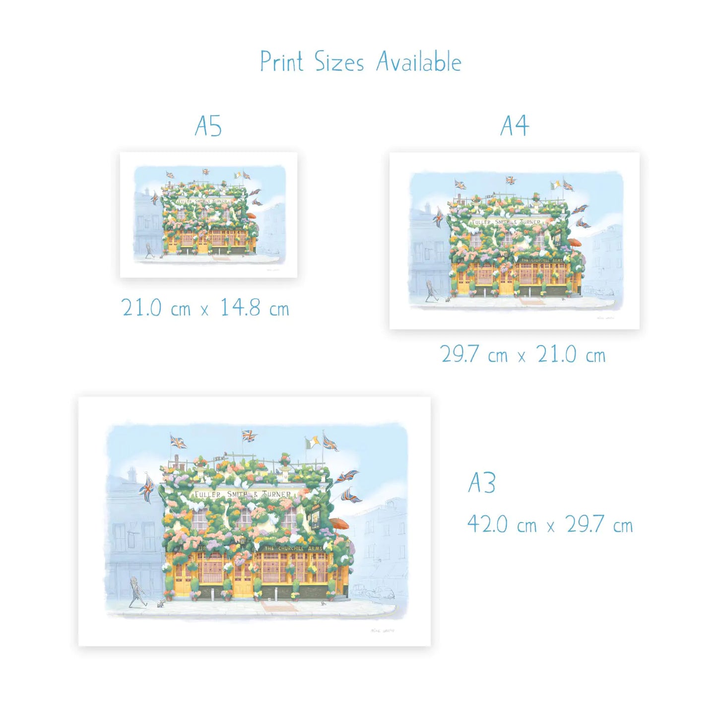 Wall art print sizes for a painting of the Churchill Arms pub in Kensington west London