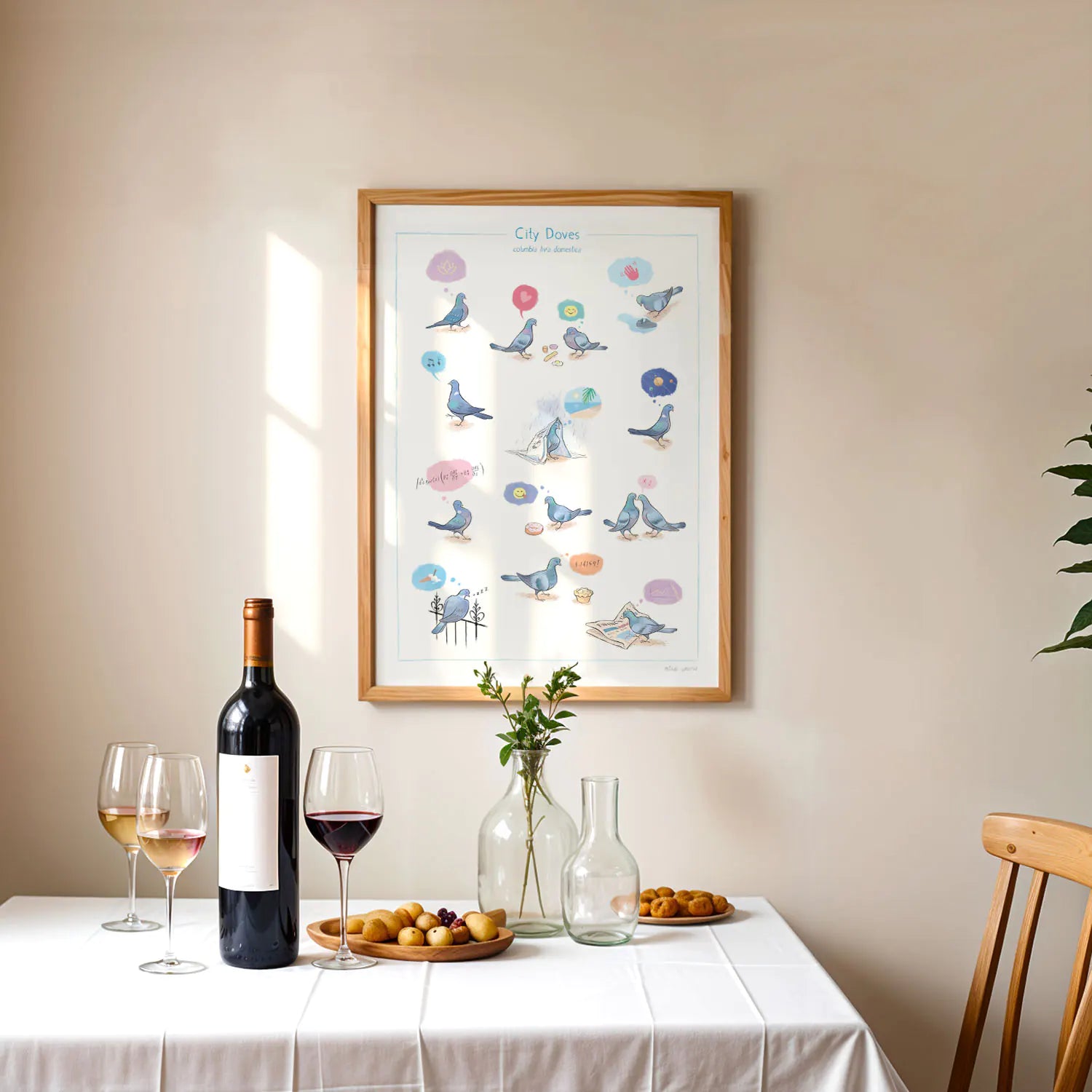 Framed art print of pigeons of London with city doves written at the top above a table with wine and fruit