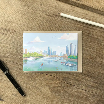 Greetings card of the view from Waterloo Bridge towards the City of London painted by Mike Green Illustration