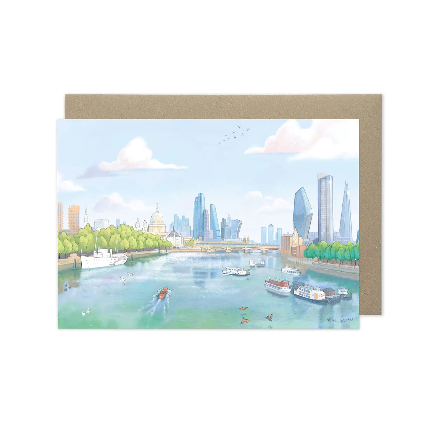 Greetings card of the view from Waterloo Bridge towards the City of London painted by Mike Green Illustration