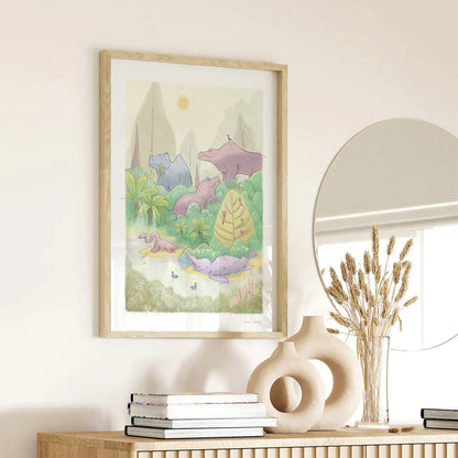 Framed print on a wall of a painting of London's Crystal Palace Dinosaurs