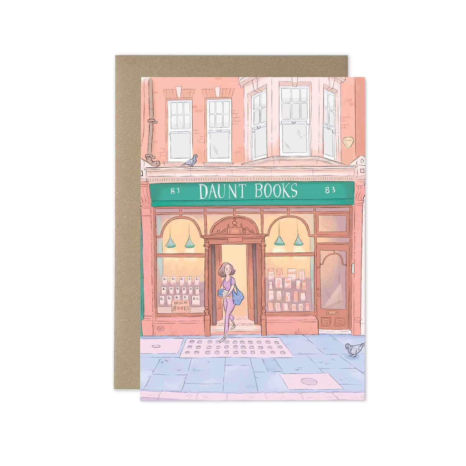 London's Daunt Books beautifully illustrated on a greeting card by mike green illustration.