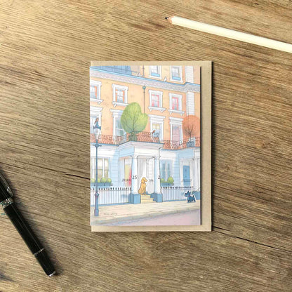 A dog pays a friend a visit on a London street in this beautifully illustrated greeting card by mike green illustration.