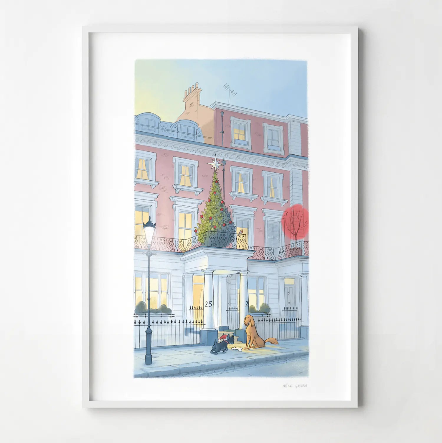 Framed print of 'A Dog's Christmas Visit' painting by Mike Green Illustration