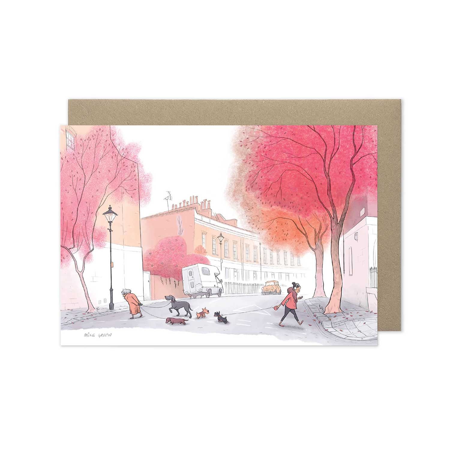 Dogs catch up in the morning on a London street with autumn trees in this beautifully illustrated greeting card by mike green illustration.