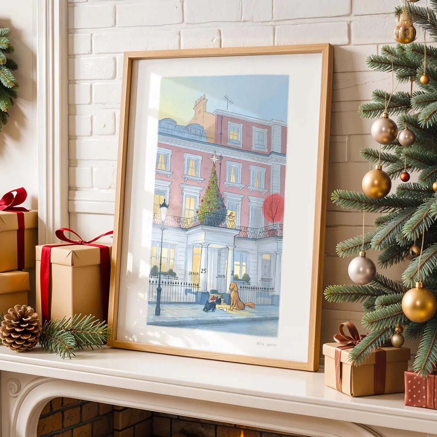 Wall art print of dogs in London at Christmas on a mantle piece with decorations and a tree